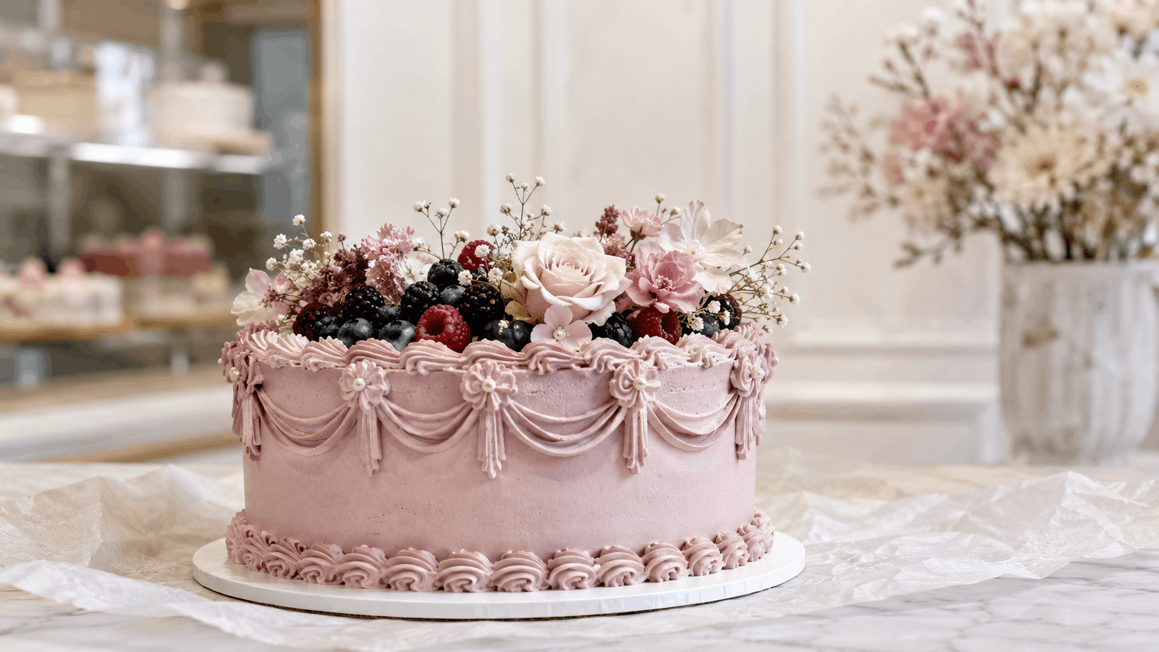 Pastellfarbene Wiener Torte mit Rosencreme, Beeren und feinem Dekor