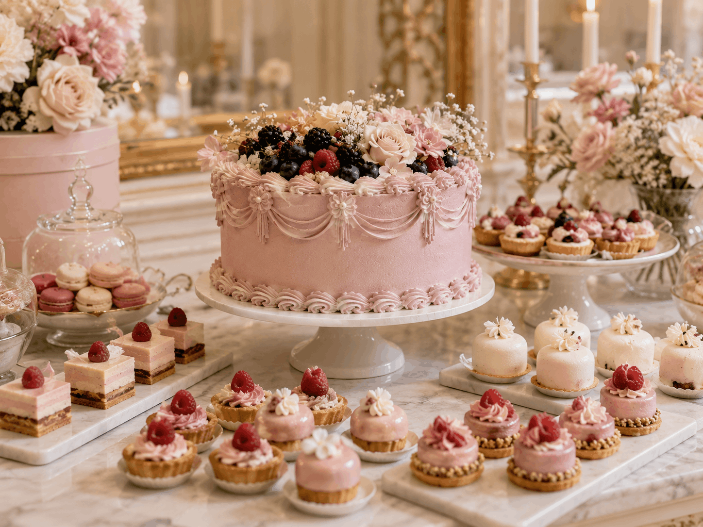 Desserttafel mit kleinen Kuchen, Tartelettes und rosa Akzenten