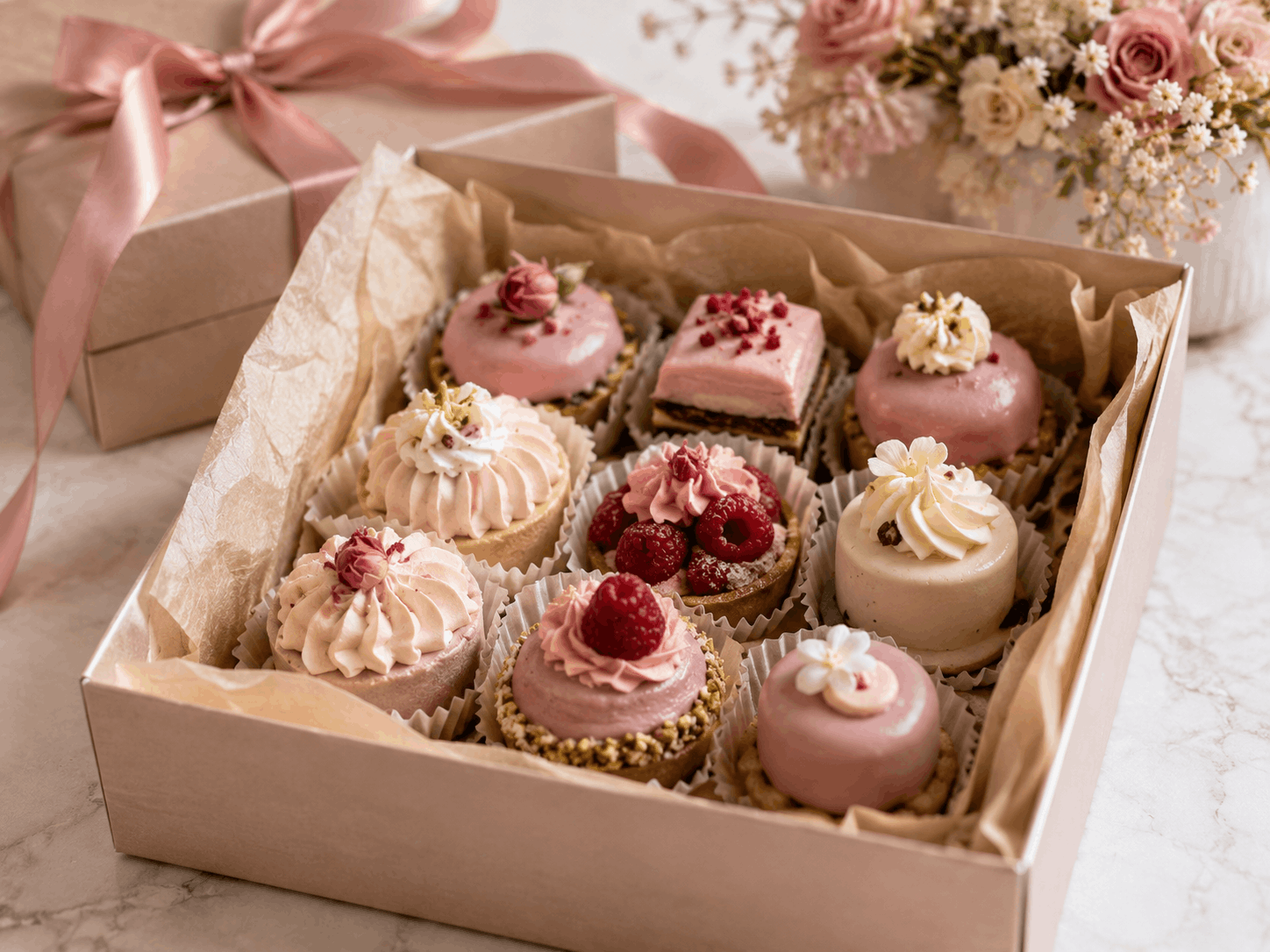 Wiener Patisseriebox mit Törtchen, Tartelettes und Papiertextur